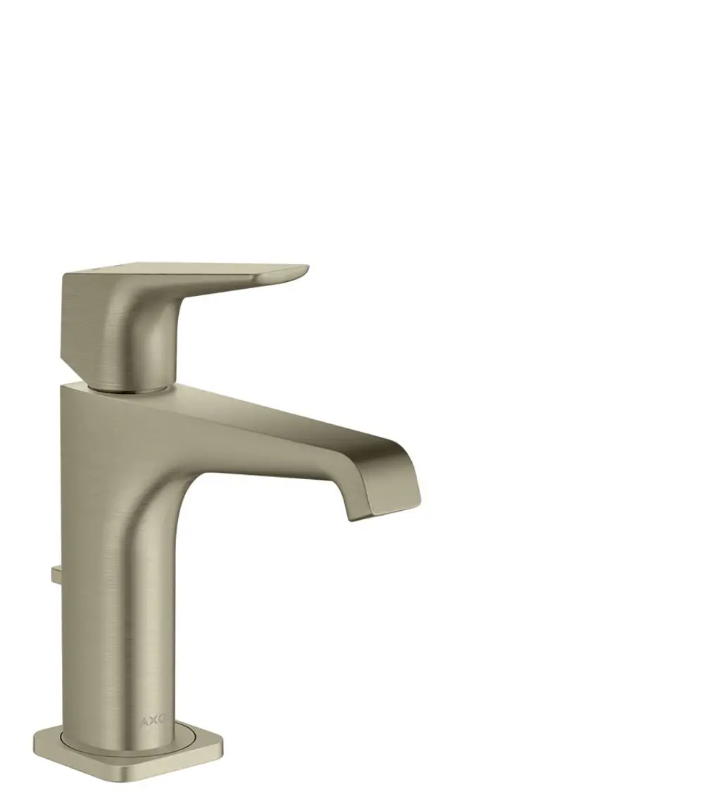 Einhebel-Waschtischmischer von AXOR mit Hebelgriff und Zugstangen-Ablaufgarnitur in gebürstetem Nickel-Finish, einfaches Design ohne sichtbare Beschriftungen oder Maße.